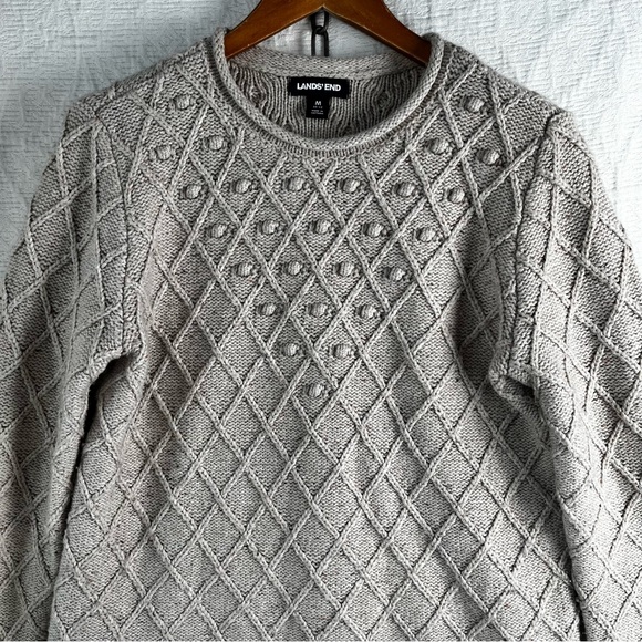 Lands End Cotton Blend Rollneck Sweater Women M Beige Donegal Knit Oatmeal Tweed - Picture 2 of 16